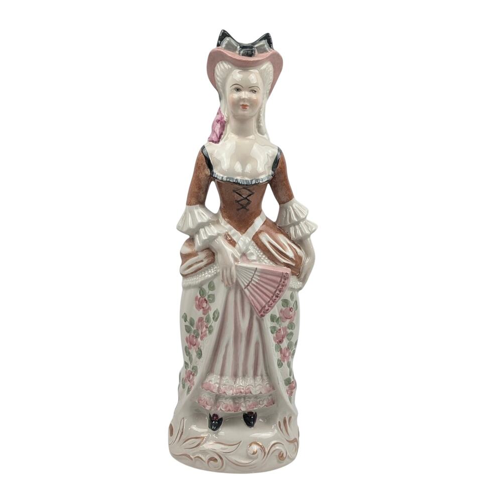 Vintage 15" Ceramic Lady Figurine – Colonial Dress – Pink Fan – Hand Painted